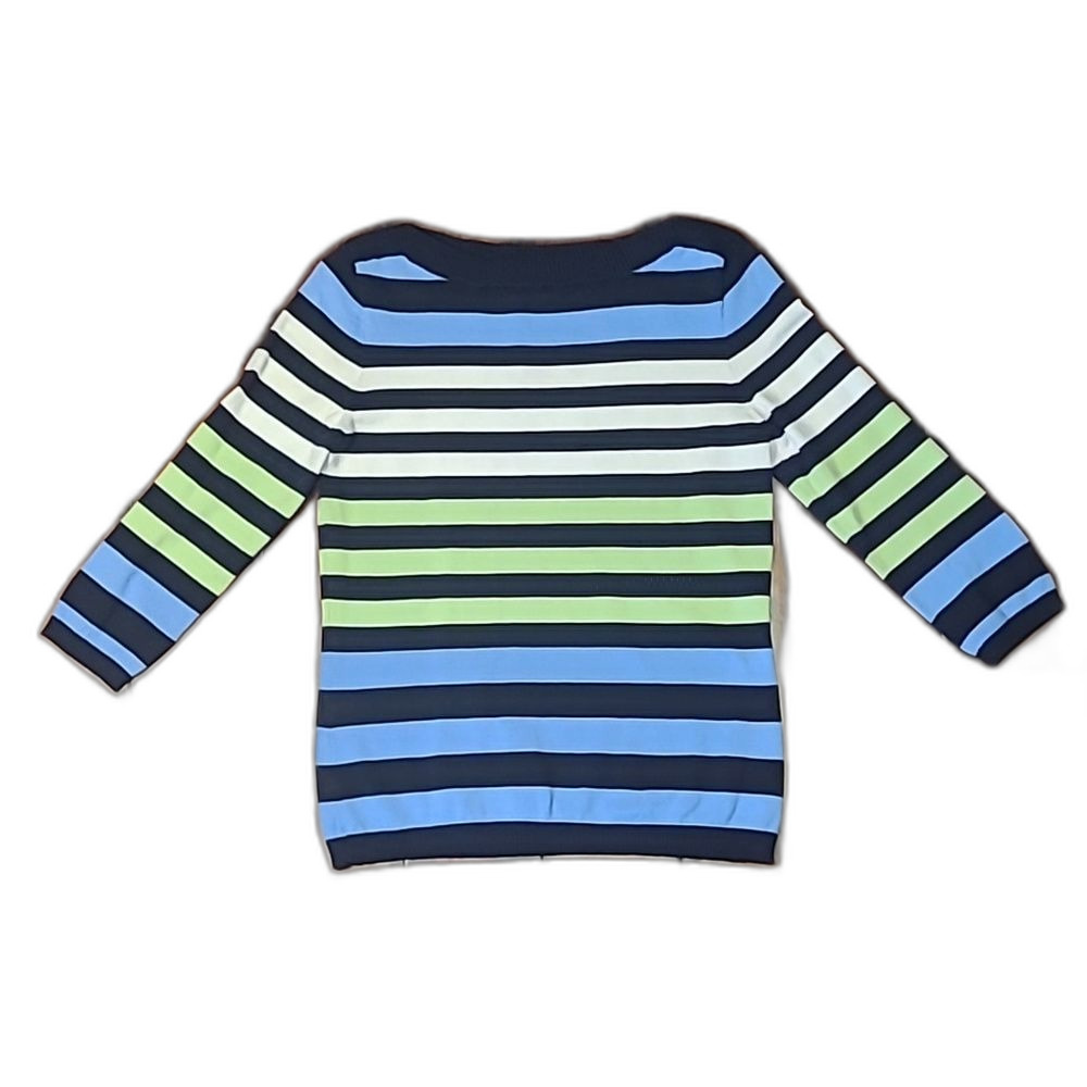 Chaps Knit Top Boatneck Quarter Sleeve Dressy Casual Sweater Striped Blouse Med.